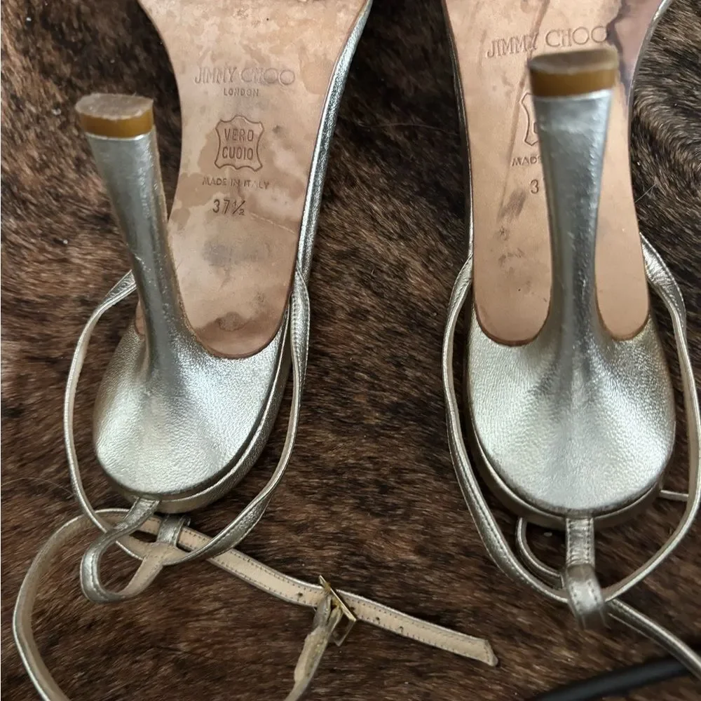 Jimmy Choo High Heel Pumps Open Toe Shoes Strappy Gold Sandals